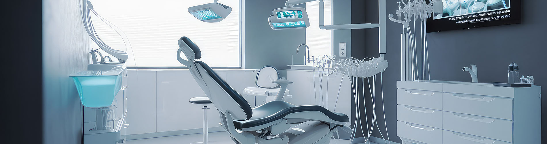 The image shows a modern dental clinic interior with various pieces of equipment, including a dental chair and an X-ray machine.